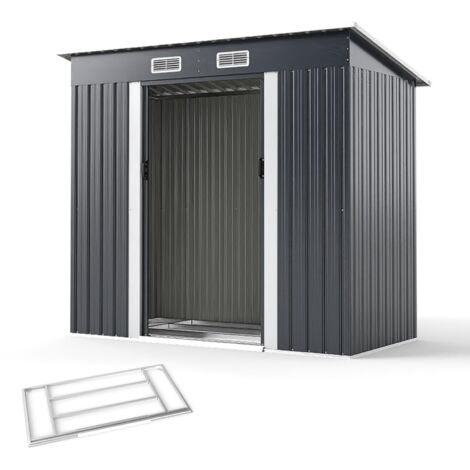 Casetta da giardino per esterni con tetto spiovente, porta scorrevole e prese d'aria, base in metallo, per giardino e cortile, 213 x 112 x 186 cm