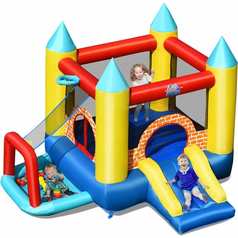 Costway - Castello Gonfiabile Per Bambini,Con Canestro e Piscina, Con 30 Palline, Con Borsa di Trasporto e Kit Riparazione, Ideale Per 3 Bambini 3-10