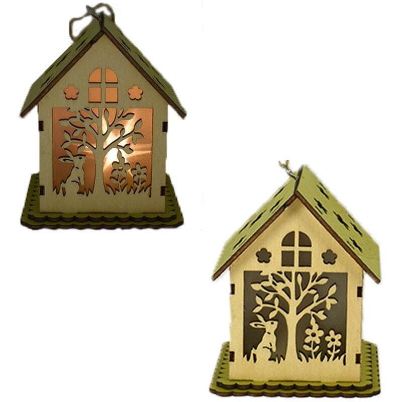 Image of Casetta in legno con luci coniglio fiori per albero di pasqua set4 addobbi casa decorazioni pasquali vetrina negozio