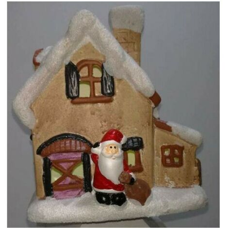Casetta innevata babbo natale in ceramica luminosa con luci a led incorpoate 14x13 cm