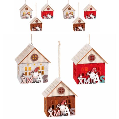 Casetta Natalizie in legno e panno con scritta Xmas e luci - Set 6 addobbi da appendere