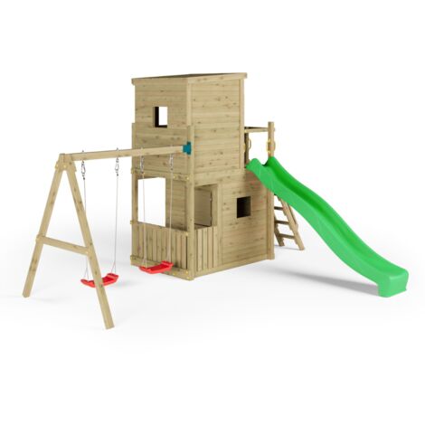 Casetta parco giochi in legno Fungoo Lofter 2S con scivolo, due altalene e parete arrampicata