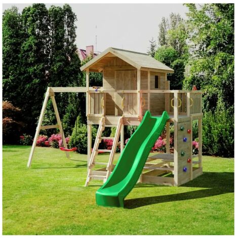 Casetta Parco giochi in legno Fungoo Moonlight con scivolo e due altalene