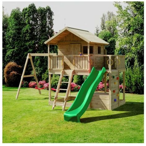 Casetta Parco giochi in legno Fungoo Sunshine con scivolo e due altalene