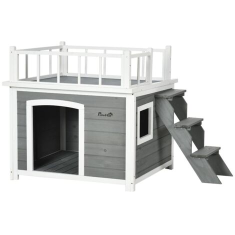 CASETTA PER CANI CON TERRAZZA SCALETTA E FINESTRA 121X77X78CM GRIGIO CHIARO