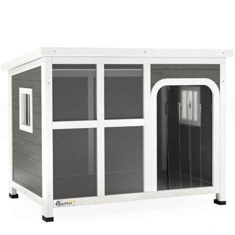 Casetta per cani en bois d'épicéa avec fenêtres et entrée à rideau 90x62x71 cm gris clair