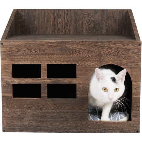 Casetta per gatto interno, cuccia gatto esterno casetta per gatto in legno cuccia per gatto in legno casa per gatti cuccia gatto chiusa con mobili nascosti con cuscino 47 x 35 x 42 cm