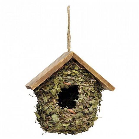 Casetta per uccellini con foglie e tetto in legno 18x18x17 cm
