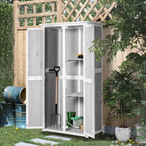 Casetta Porta Attrezzi in Legno di Abete a 3 Livelli con Tetto in Bitume e Ganci, 77x58x175 cm, Grigio