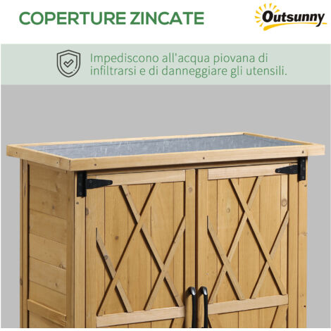 Casetta portautensili con 2 ante, 4 ripiani e base rialzata, in legno di faggio con tetto in laminato zincato e chiusura magnetica, 75x40x90 cm, gialla.