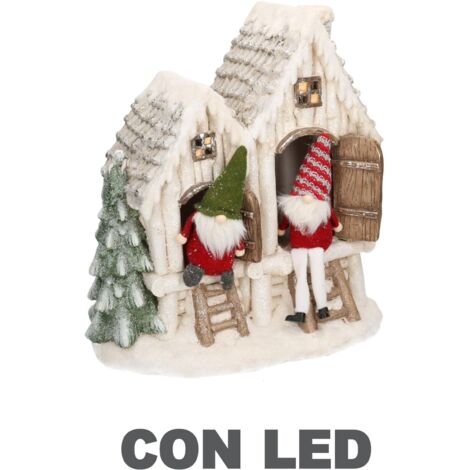 Casetta resina bianco con led e gnomi cm40x23h44