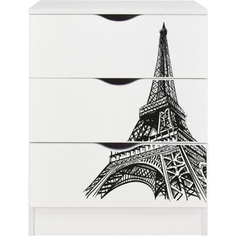 Casettiera Roma bianca in legno con cassetti - motivo Torre Eiffel