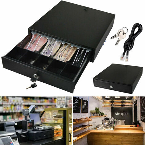 Cash Box Money Till Drawer with 5 Bill 5 Coin Removable Trays, Cash Register Drawer Auto Manual Open, Key-Lock RJ11 Adjustable Removable Cash Tray Till