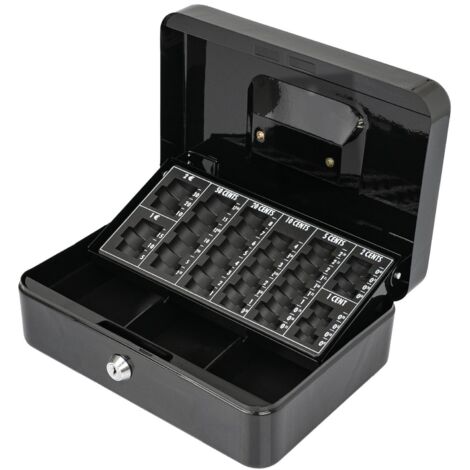 Cash Box with Cylinder Lock Removable Tray 3 Note Slots 8 Coin Compartments