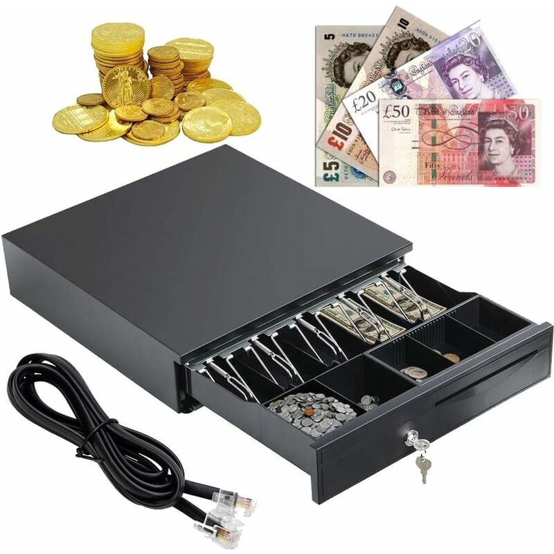 Cash Register Drawer Heavy Duty Box Cash Storage 5 Bills and 5 Coins Tray Adjustable Removable Cash Tray Till Auto Manual Open Key-lock RJ11 for