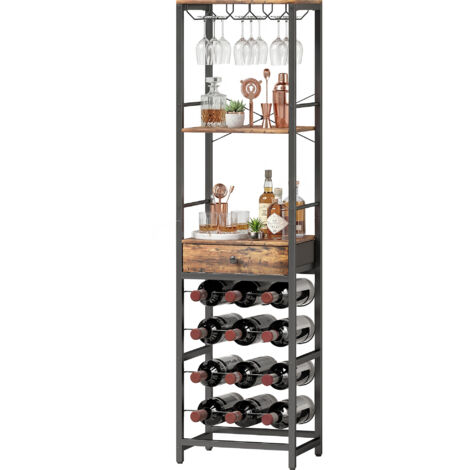 Casier à vin 12 bouteilles, étagère ouverte avec tiroir, 40x30x148 cm, brun rustique