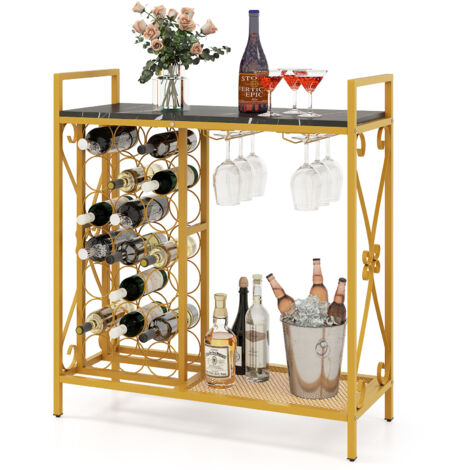 Casier à Vin 21 Bouteilles, Organisateur de Bouteilles de Vin sur Pied avec Support en Verre et Plan de Travail en Bois, 93 x 38 x 102 cm, Or