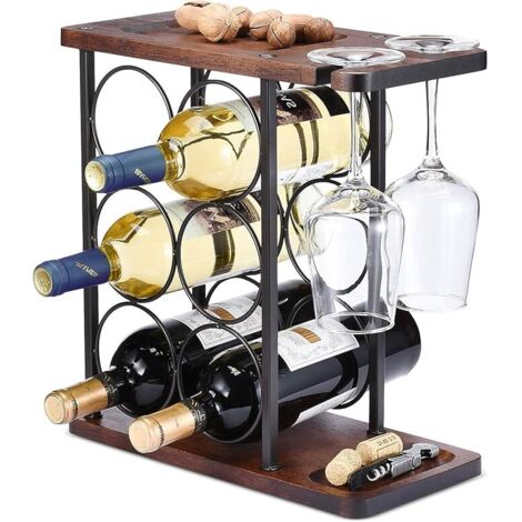 Casier à vin avec Support de Verre, Support de comptoir à vin, pour la décoration de la Maison et Le Rangement de Cuisine (Peut contenir 6 Bouteilles et 2 Verres)