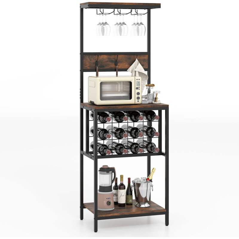 Costway - Casier à Vin, Casier à Bouteilles à 3 Niveaux pour 12 Bouteilles avec 3 Porte Verre, Support de Micro-Ondes, 54x37x156 cm, Marron