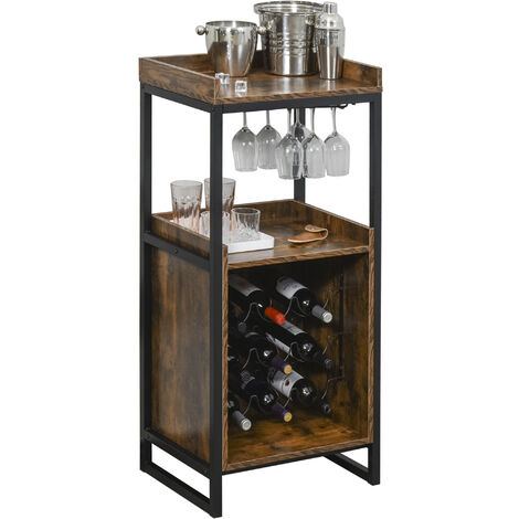 Casier à vin design industriel étagère à bouteilles 9 bouteilles support verres à vin intégré métal noir aspect vieux bois veinage - Marron