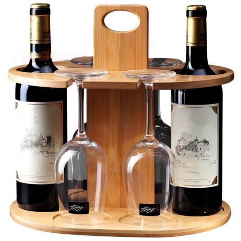 Casier à vin en bois autoportant pour 2 bouteilles et 4 verres, rangement pour vin en bambou