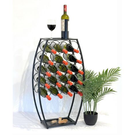 Casier à Vin Métal Noir Debout 83 cm 96640 – Support à Vin pour 18 Bouteilles Porte-Bouteilles Décoratif en Forme de Tonneau Étagère à Bouteilles avec Rangement
