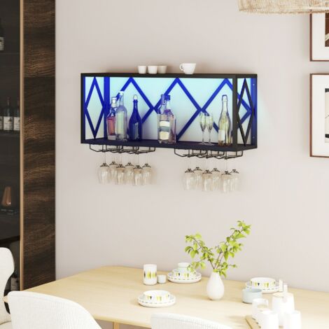 Casier à Vin Mural avec Bande Lumineuse LED 16 Couleurs 6 Supports à Verres Espace pour 39 Bouteilles de Vin et 12 Verres Marron Rustique