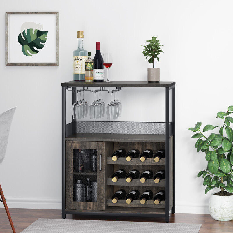 Casier à Vin pour 20 Bouteilles en Bois,Range-Bouteilles/Porte-Vin à 5 Étagères avec 9 Porte-Gobelets,68x 35x 91CM,gris
