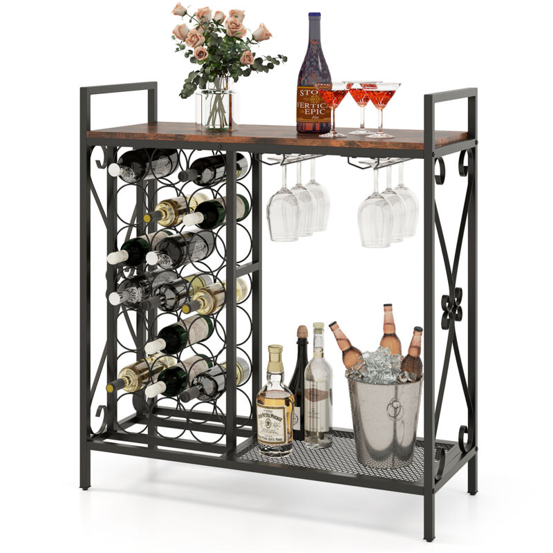 Costway - Casier à Vin pour 21 Bouteilles, Organisateur de Bouteilles de Vin sur Pied avec Support en Verre et Plan de Travail en Bois, 93 x 38 x 102