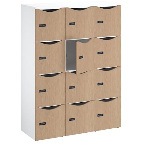 Casier de bureau Lockers 12 cases - Corps blanc, portes chêne clair - H 170,9 cm - Maxiburo