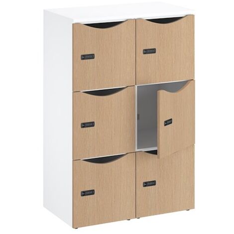 Casier de bureau Lockers 6 cases - Corps blanc, portes chêne clair - H 132,9 cm - Maxiburo
