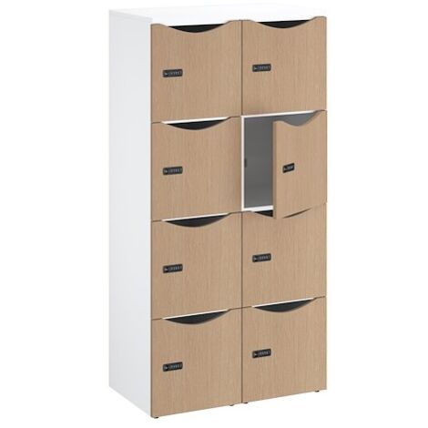 Casier de bureau Lockers 8 cases - Corps blanc, portes chêne clair - H 170,9 cm - Maxiburo