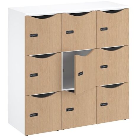 Casier de bureau Lockers 9 cases - Corps blanc, portes chêne clair - H 132,9 cm - Maxiburo
