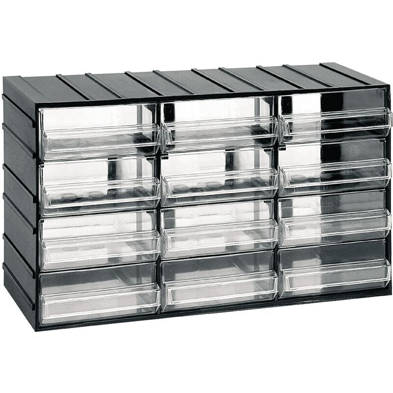Unité de stockage en plastique modulaire l 382 x p 148 x h 230 mm avec 12 tiroirs transparents
