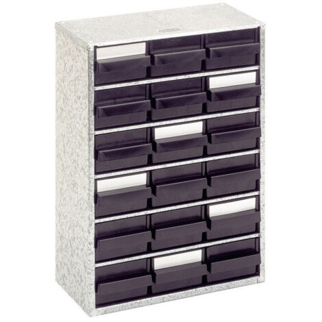 Casier de rangement pour petites pièces B.306xT.150xH.417mm avec 18 tiroirs cadre noir a.ESD-PP, galvanisé, avec câble de mise à la terre