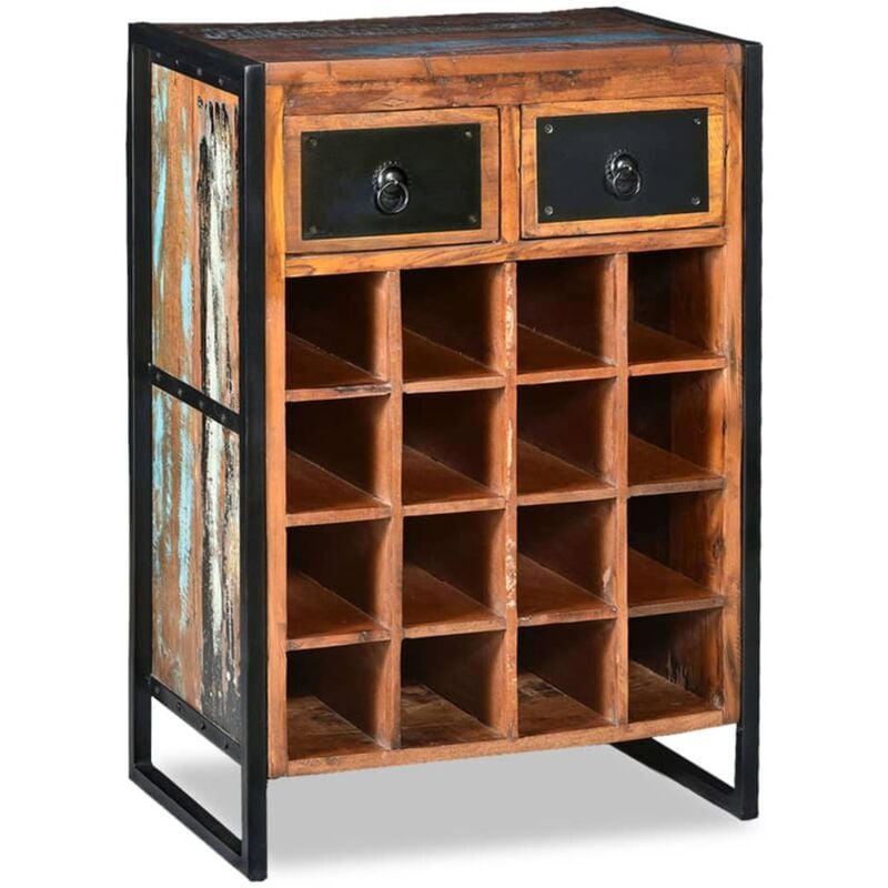 Décoshop26 - Casier range bouteilles étagère de rangement vin 16 bouteilles 2 tiroirs bois massif de récupération brun DEC024266