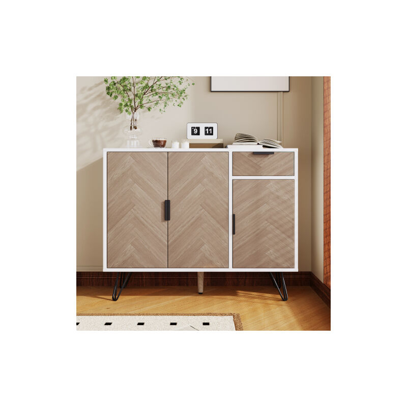 Casiers modernes, buffet blanc et aspect bois avec tiroirs et étagères réglables en hauteur (90 x 30 x 71,5 cm)