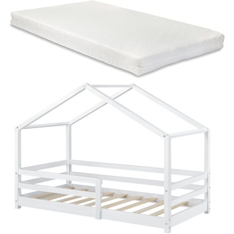 Casita-cama infantil con colchón con somier y barrera de madera de pino blanco 90 x 200 cm 030005467