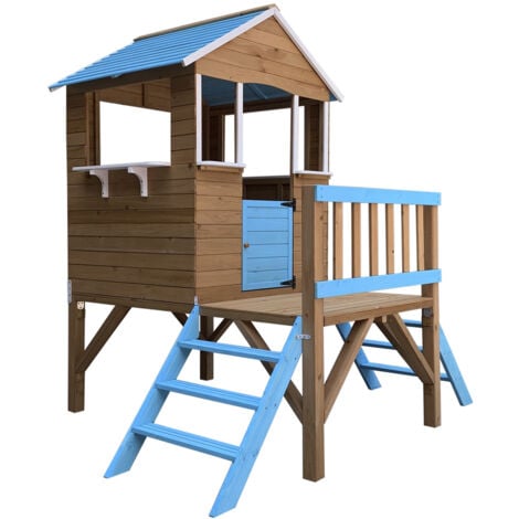 Casita Infantil de Madera Robincool Blue Melody 3,23 m² de 198x170x197 cm con 2 Alturas, Barandilla, Porche y Escaleras