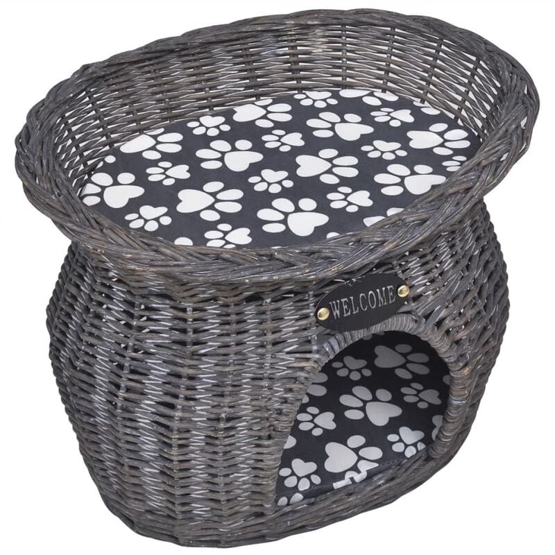 

Casita/Cama/Rascador de Mimbre para Gato con Cojín - Gris