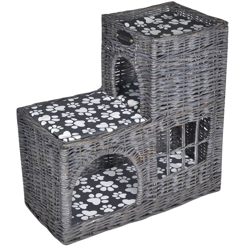 

Casita/Cama/Rascador de Mimbre para Gato (Forma de Castillo) - Gris