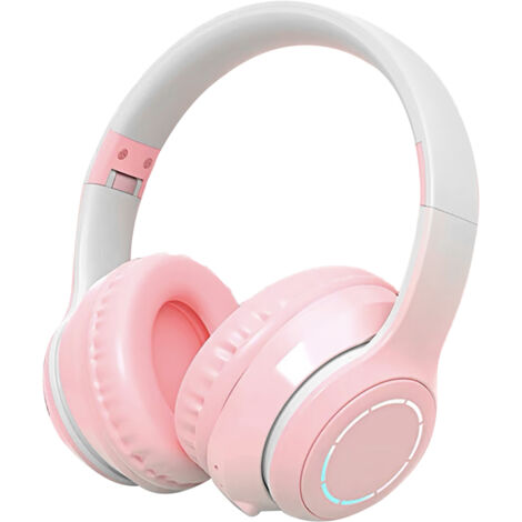 Casque Bluetooth Anti-Bruit avec Basses Puissantes, Couleur Dégradé Rose, Pliable et Lumineux pour Téléphone et Ordinateur Portable
