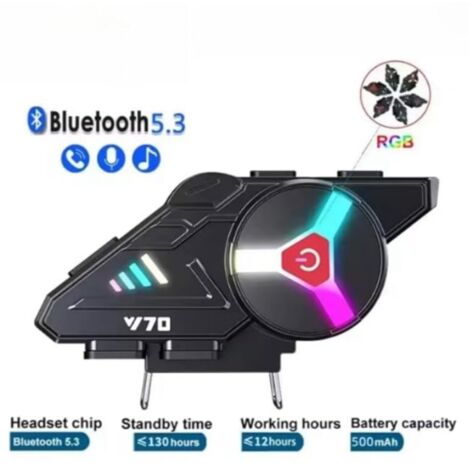 Casque de moto Y70 avec oreillette Bluetooth 5.3, écouteurs sans fil étanches IPX6 avec lumière LED RGB, appairage multipoint avec 2 téléphones