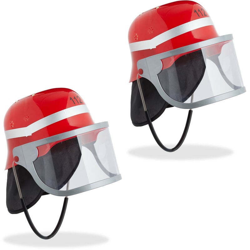Casque de pompier, lot 2, réglable, visière rabattable, protège-nuque. h x l x p : 24,5 x 22,5 x 28 cm, rouge - Relaxdays