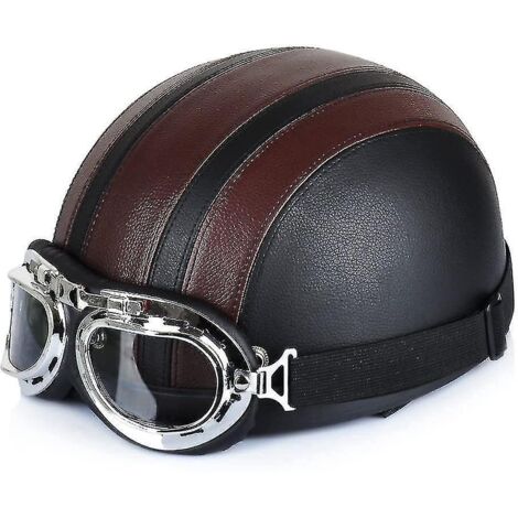 Casque demi-jet ouvert en cuir pour moto/scooter, avec lunettes anti-UV, style rétro vintage, taille 54-60 cm