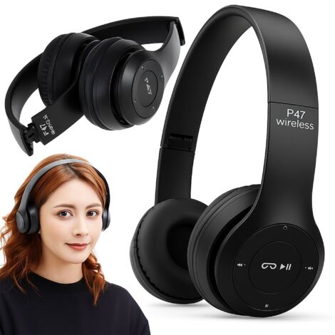Casque sans fil supra-auriculaire Bluetooth P47 MP3 sport gaming pliable noir