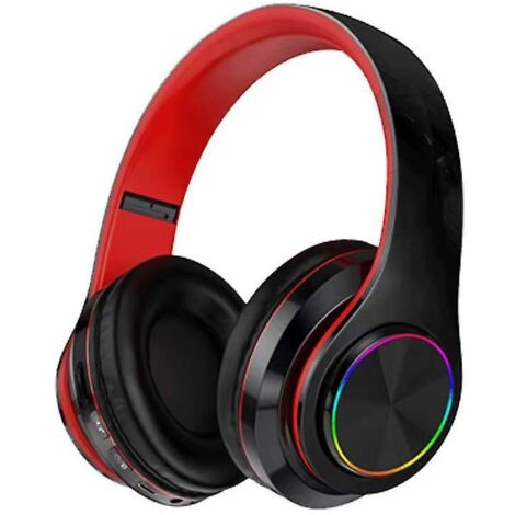 Casque stéréo sans fil haute fidélité avec 52 heures d'autonomie, design pliable, oreillettes douces en similicuir protéiné et microphone intégré - Mode filaire, pour PC/téléphone (noir/rouge)