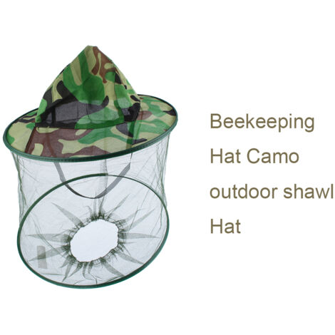 Casquette anti-moustiques avec filet de protection pour visage, idéale pour la pêche et le camping en tenue camouflage.