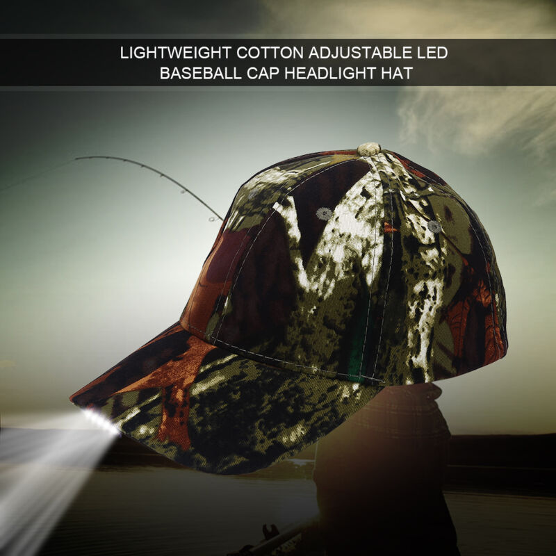 Casquette de baseball légère LED réglable en coton avec lampe frontale (Camouflage)