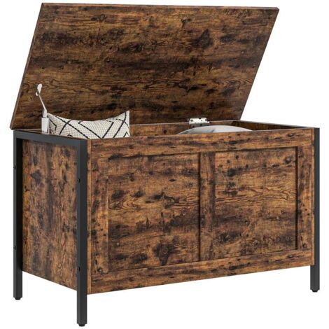 CASSAPANCA IN LEGNO DA 95L STILE INDUSTRIALE CON COPERCHIO E CERNIERA DI SICUREZZA. 80X40X49CM. MARRONE